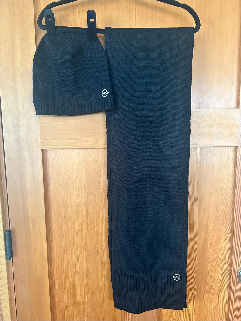 Michael Kors Black Knit Beanie and Scarf Set with Logo Accent